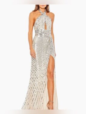 Mac Duggal Silver Goddess Sequin Halter Gown Size 6
